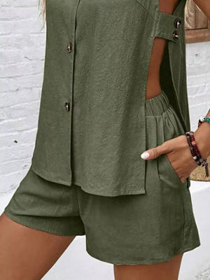 Army green V-neck cutout two-piece set with buttoned top and elastic waist shorts.