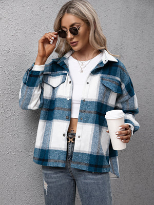 Azure plaid oversized button-up shirt with white and dark blue checks, featuring two chest pockets.
