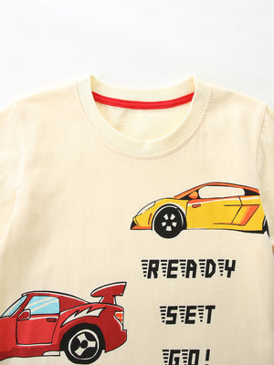 Cream cotton t-shirt with red racing cars and "READY SET GO!" graphic print.