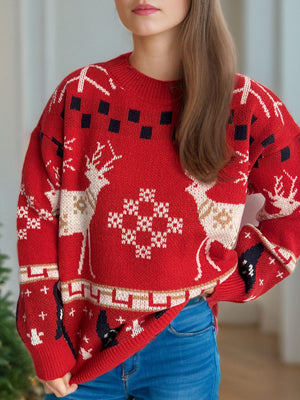 Red acrylic knit sweater with reindeer and snowflake motif, crew neck, long sleeves.