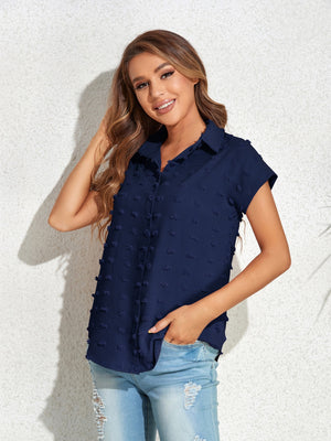 Dark blue textured dot poplin shirt with short sleeves and collar