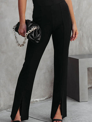 Black split-front flared tailored trousers with a high waist and subtle seam detail.