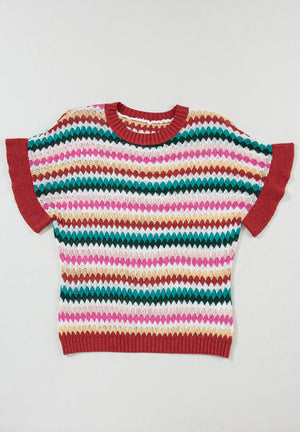 Textured stripe knit sweater with contrast red trim and short sleeves.