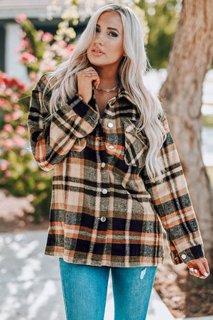 Soft plaid shacket with patch pockets and button front, in tan and black plaid.