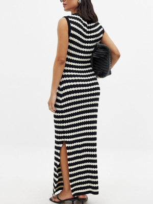 Striped knit midi dress with side slit and scoop neck.
