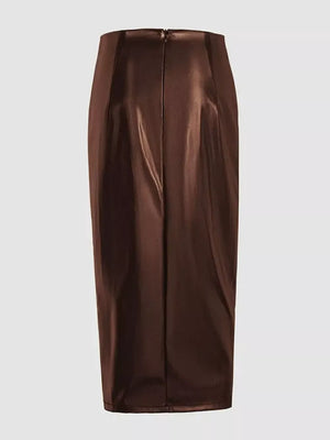 Brown faux-leather midi skirt with ruched detail and slit