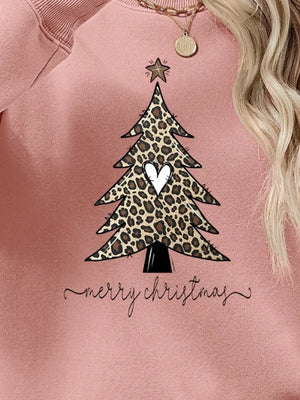 Blush pink sweatshirt with leopard print Christmas tree graphic and merry christmas text