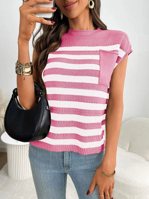 Striped knit pocket tee in blush pink and white with a crew neck and short sleeves.