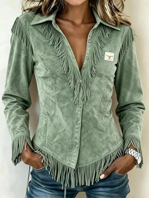 Full Size Fringed Collared Neck Shirt Plus Size in Pink, back view