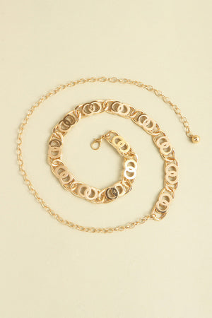 Golden circle chain belt with lobster clasp and extender chain.