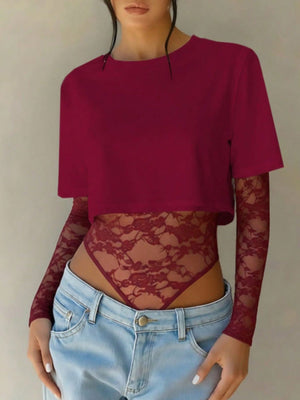 Wine red lace bodysuit with sheer long sleeves and a cropped top overlay.