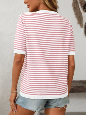 Retro stripe knit tee in blush pink with white contrast trim and short sleeves.