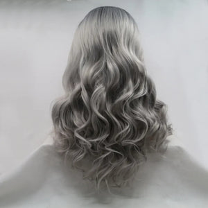 Silver ombre lace front wig with long wavy curls in black and grey tones.