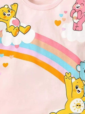 Care Bears rainbow graphic toddler t-shirt in pink cotton with multiple bears and hearts.