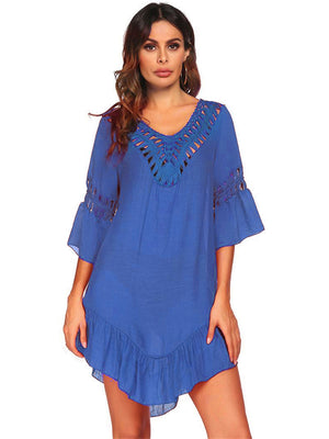 Royal blue cover-up with lace trim neckline and sleeves, V-neck, 3/4 sleeves, ruffled hem.