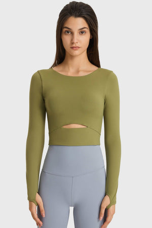 Green crop top with keyhole cutout and thumbhole sleeves