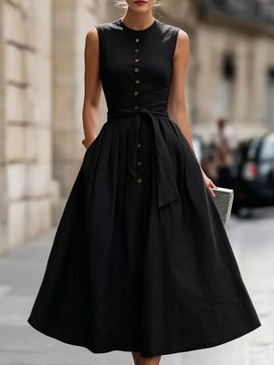 Sleeveless Button-front Belted Midi Dress Plus Size, fit detail