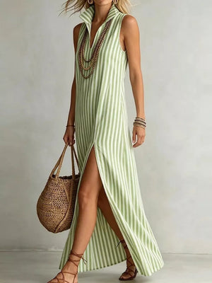 Full Size Striped Maxi Dress With High Slit in Red, model styling view