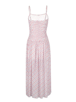 Ruched tied maxi dress in pink and purple plaid, with spaghetti straps and A-line cut.