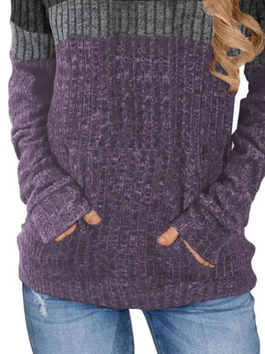 Chic color block ribbed knit sweatshirt in purple and gray with thumbhole sleeves and pockets.