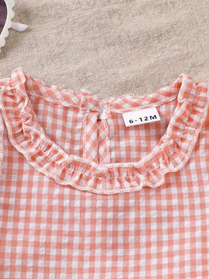 Pink gingham cotton baby set with ruffled collar detail