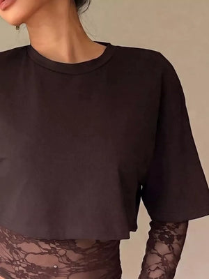 Lace Patchwork Short Sleeve T-shirt in Black, fabric detail