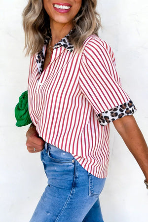 Red and white striped shirt with leopard print collar and cuffs.