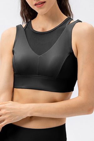 Black mesh inset performance bra top with V-neck detail and wide band