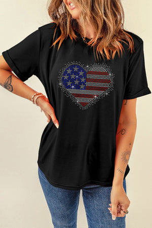 Black t-shirt with rhinestone American flag heart graphic, short sleeves, casual fit
