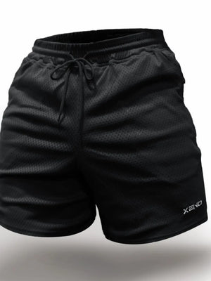 Black performance mesh drawstring shorts with logo detail