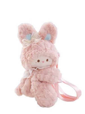 Mini plush bunny backpack in pink with lace trim and bow detail