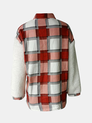 Plaid shacket with sherpa sleeves in red and white plaid.