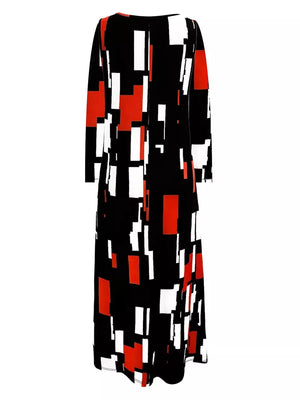 Maxi dress with long sleeves, black, red, and white geometric print, and pockets.
