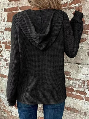 Full Size Waffle Knit Half-button Hoodie Plus Size in Black, model styling view