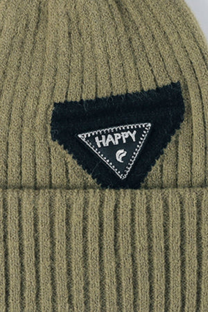 Khaki ribbed acrylic beanie with a black triangle patch featuring the word HAPPY.