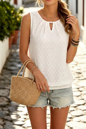 Eyelet Keyhole Neck Sleeveless Top in White, side view