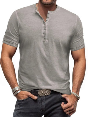 Gray short sleeve Henley tee with button placket and subtle washed finish
