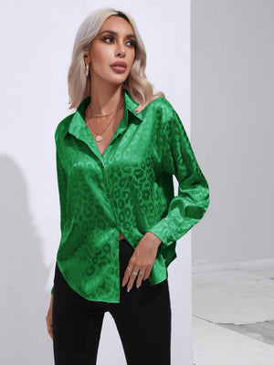Green satin leopard print tie-front blouse with button-down detail