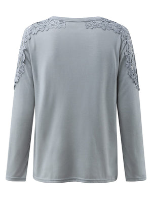Light Gray long sleeve top with lace yoke and sleeve detail