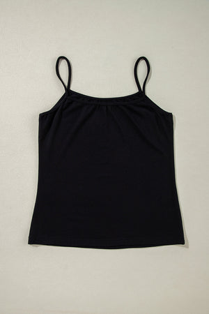 Black cami with thin straps and gathered neckline.