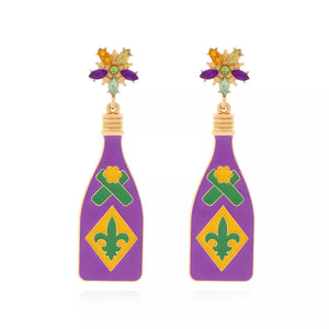 Mardi Gras celebration dangle earrings with purple bottles, green and gold fleur-de-lis.