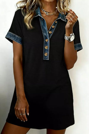 Black casual mini dress with short sleeves, denim collar and button placket.