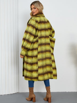 Checked plaid cocoon coat in lime with brown stripes, oversized fit, and large pockets.