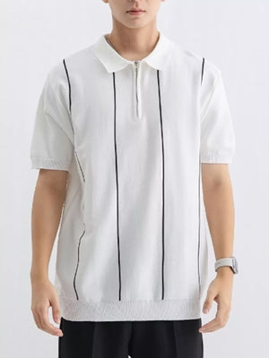 White knit polo shirt with black vertical stripes and quarter zip neckline.