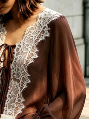 Sheer Lace-trimmed Front Tie Blouse in Khaki, product detail