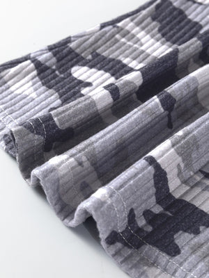 Ribbed knit camouflage tank top in gray with a close-up view of the fabric texture.