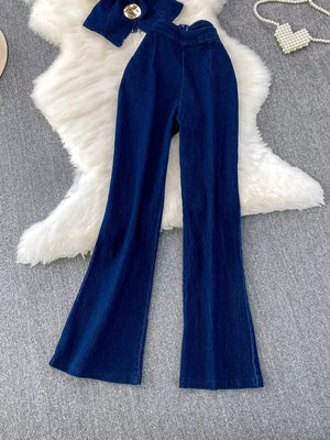 Dark blue cotton denim flare jeans with asymmetrical buttoned vest set.