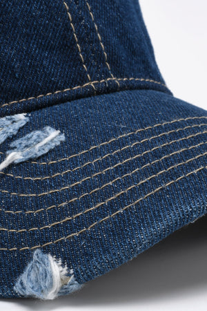 Denim baseball cap with distressed details and contrast stitching