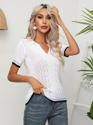 White openwork knit polo top with short sleeves and striped cuffs