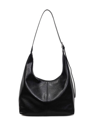 Black faux leather shoulder bag with adjustable strap and top stitching detail.